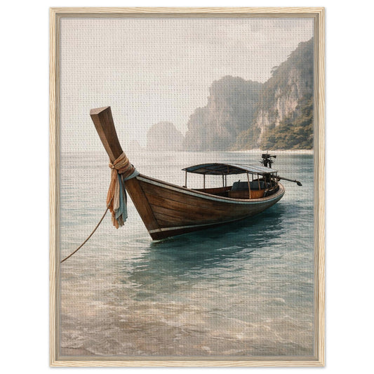 Tropical long-tail boat framed canvas wall art with calm turquoise water and misty limestone cliffs