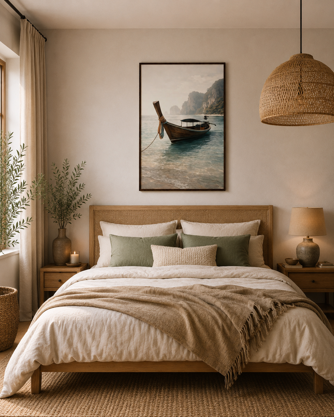 Tropical beach boat wall art with dark wood frame styled above a warm neutral bedroom bed with natural textures.