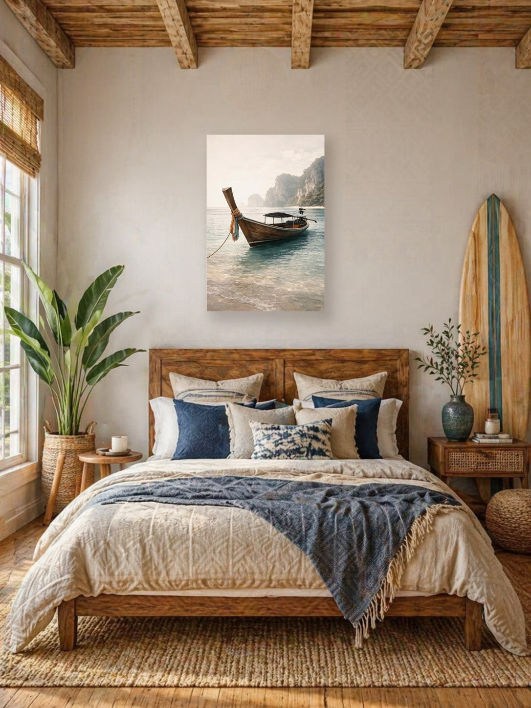 Tropical longtail boat poster with light wood frame styled above a coastal bedroom bed with surf decor and natural wood accents.