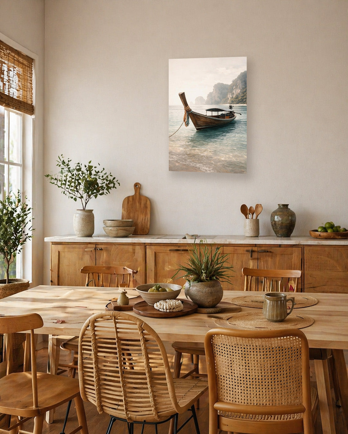 Tropical beach boat wall art with light wood frame displayed in a warm dining room with woven chairs and natural decor.