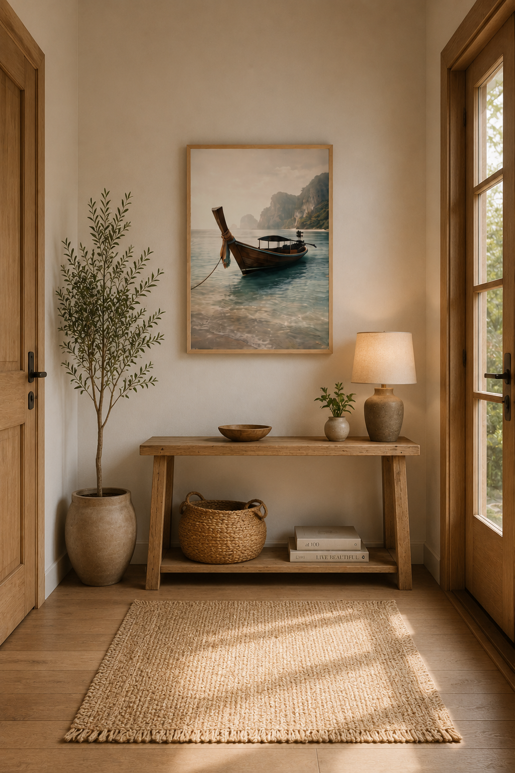 Tropical longtail boat framed poster in a minimalist entryway with wooden console table, plants and warm coastal decor.