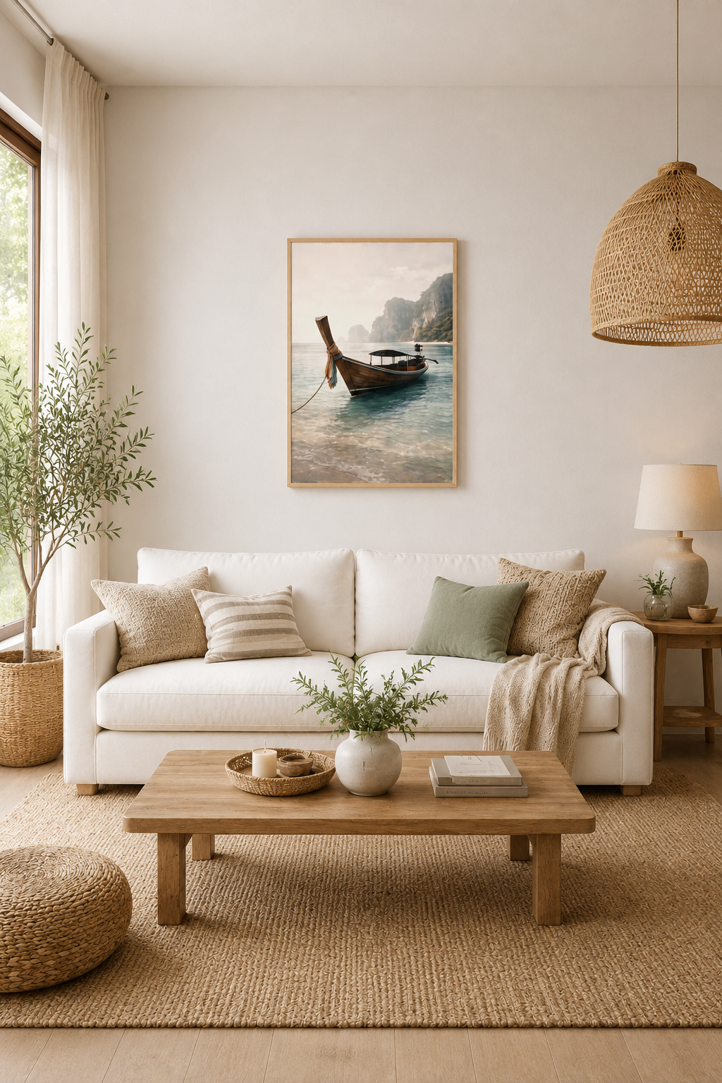 Tropical longtail boat poster with light wood frame displayed in a bright coastal living room with neutral furniture and woven decor.