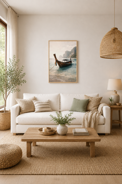 Tropical longtail boat poster with light wood frame displayed in a bright coastal living room with neutral furniture and woven decor.