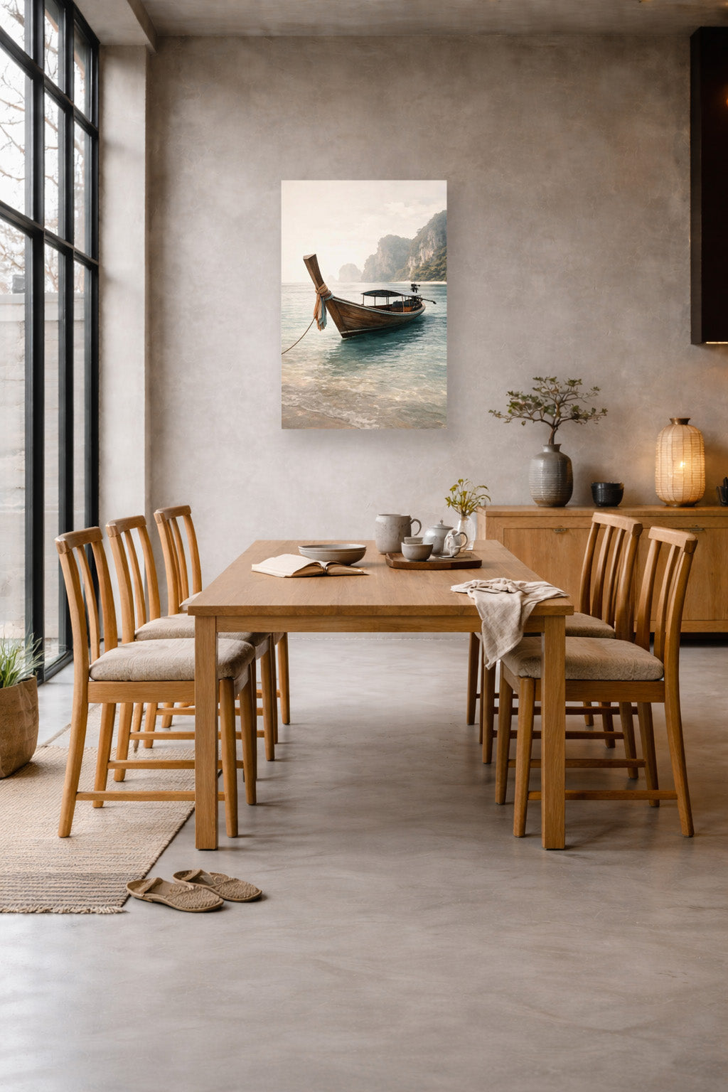 Tropical longtail boat framed poster in a modern dining room with wooden table, soft neutral tones and minimalist styling.