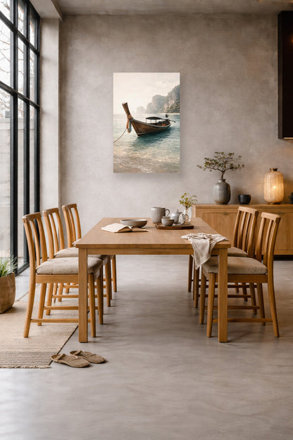 Tropical longtail boat framed poster in a modern dining room with wooden table, soft neutral tones and minimalist styling.