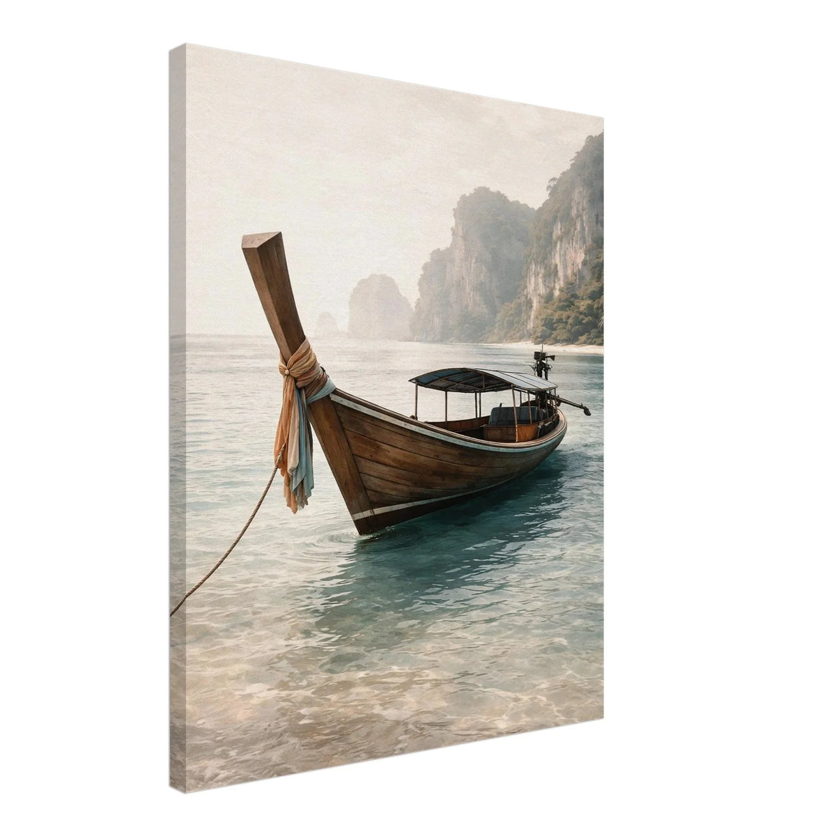 Gallery-wrapped canvas detail of the Tropical Seascape Calm boat print showing the wrapped edge