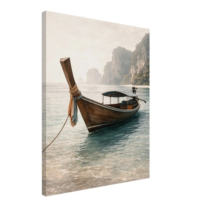 Gallery-wrapped canvas detail of the Tropical Seascape Calm boat print showing the wrapped edge