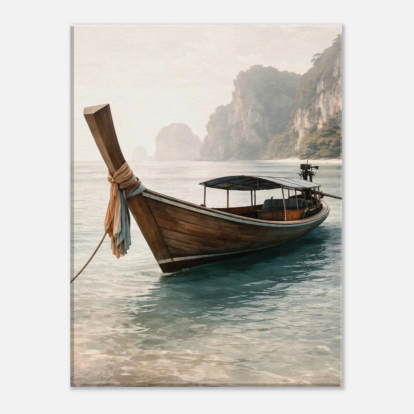 Modern coastal canvas print of the long tail boat in a calm bay with pale sand tones