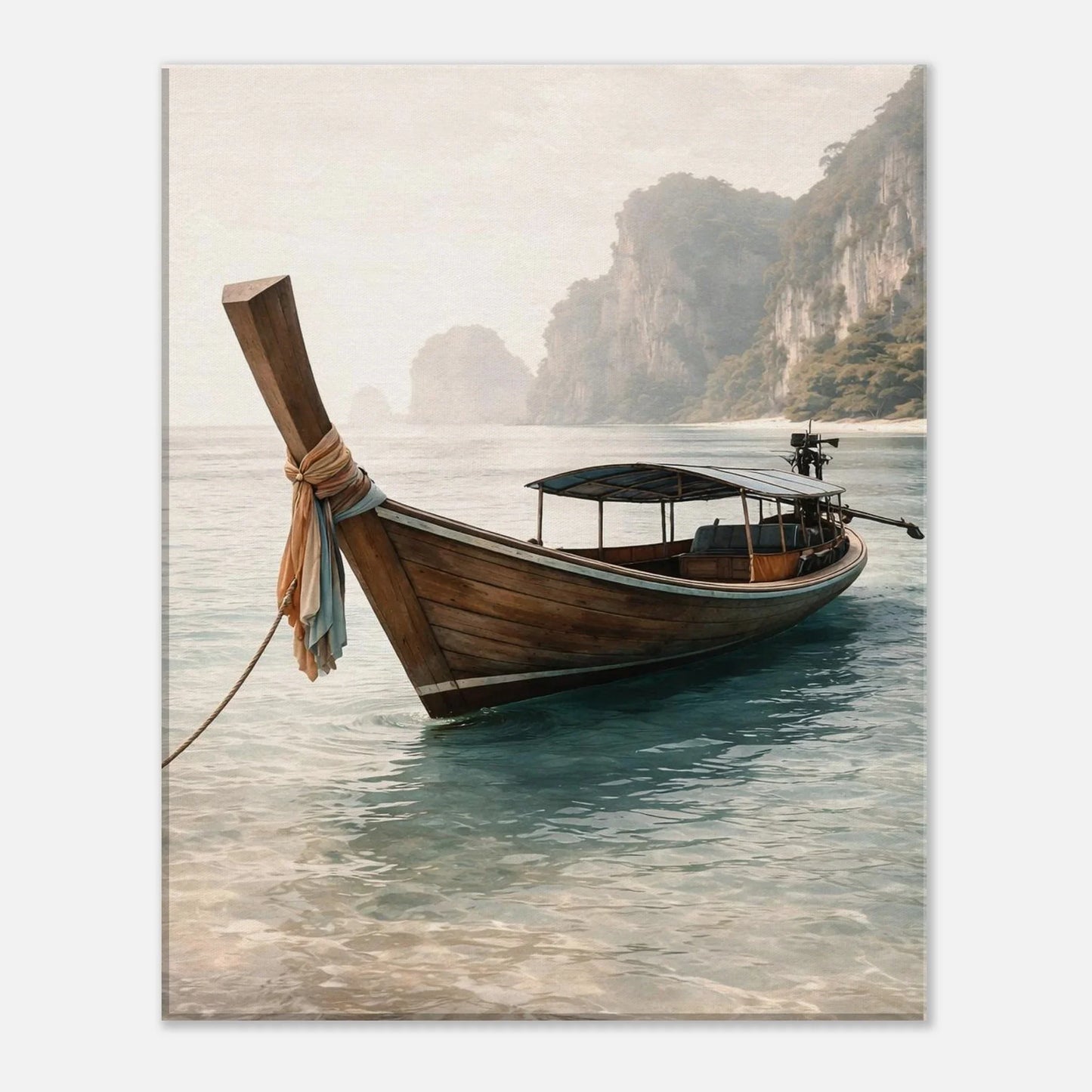 Neutral beach canvas wall decor showing the dark wooden hull against clear turquoise water