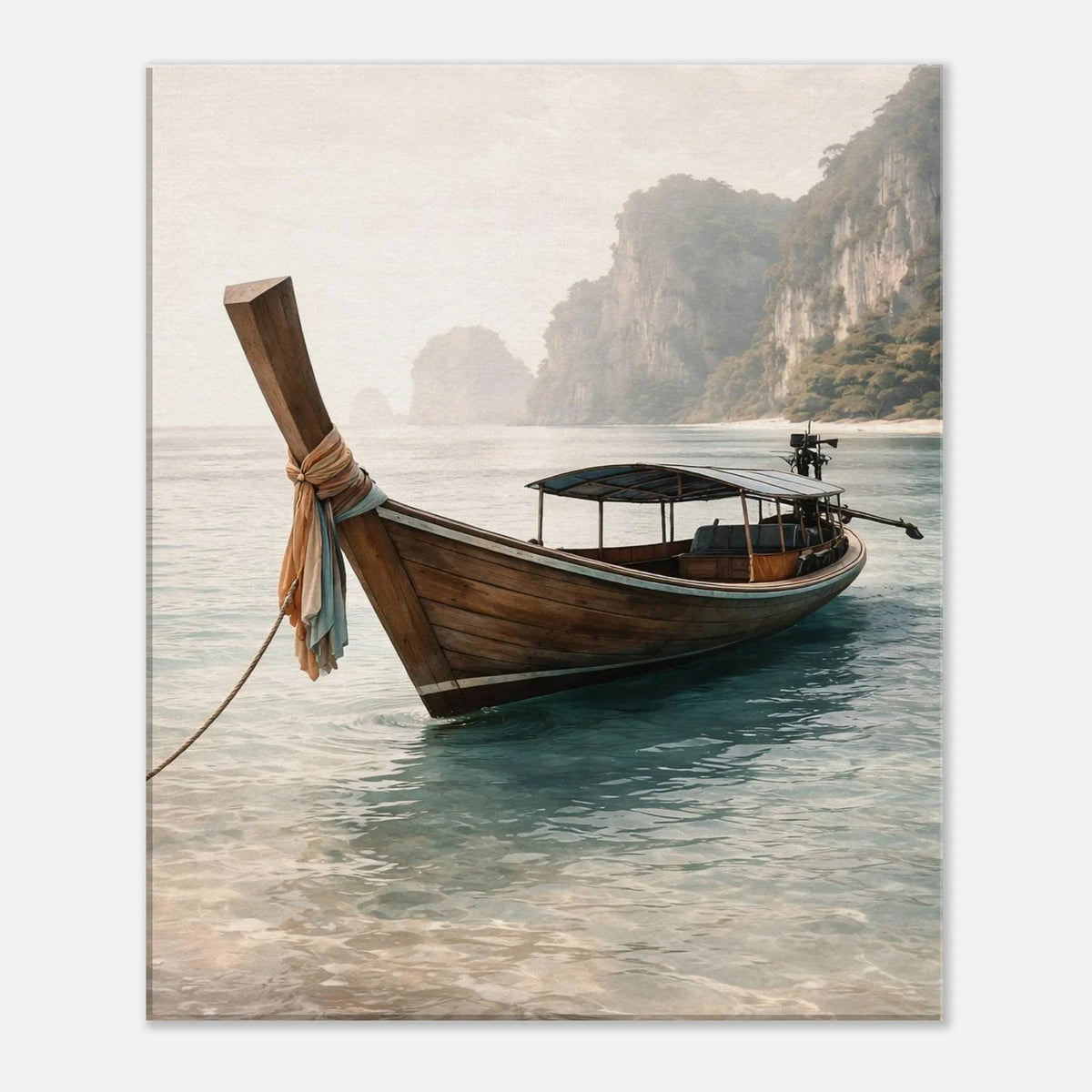 Minimal seaside canvas artwork of the long tail boat and distant limestone cliffs