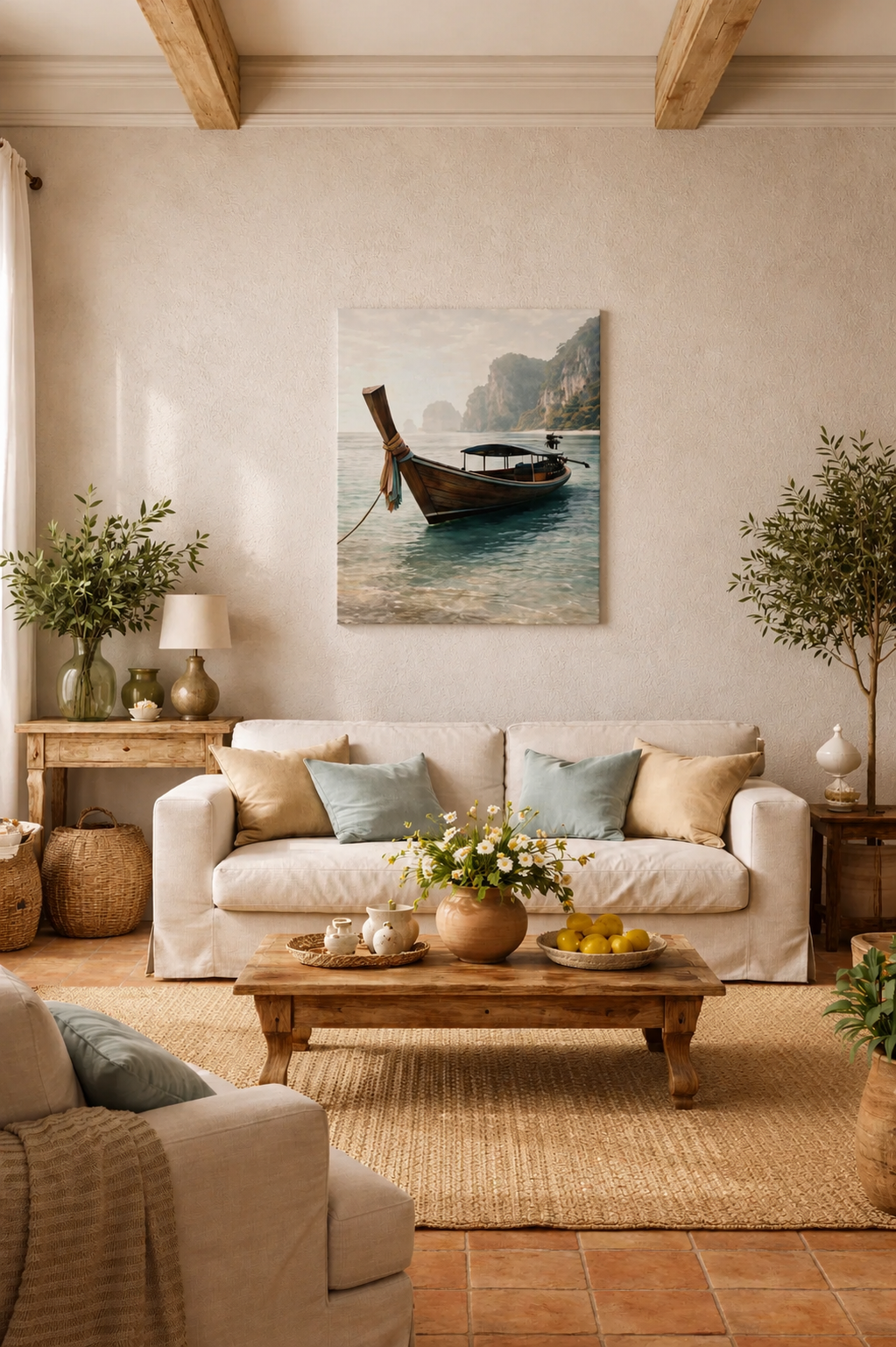 Bright farmhouse living room mockup with realistic tropical boat canvas print, rustic wooden table and soft neutral interior.