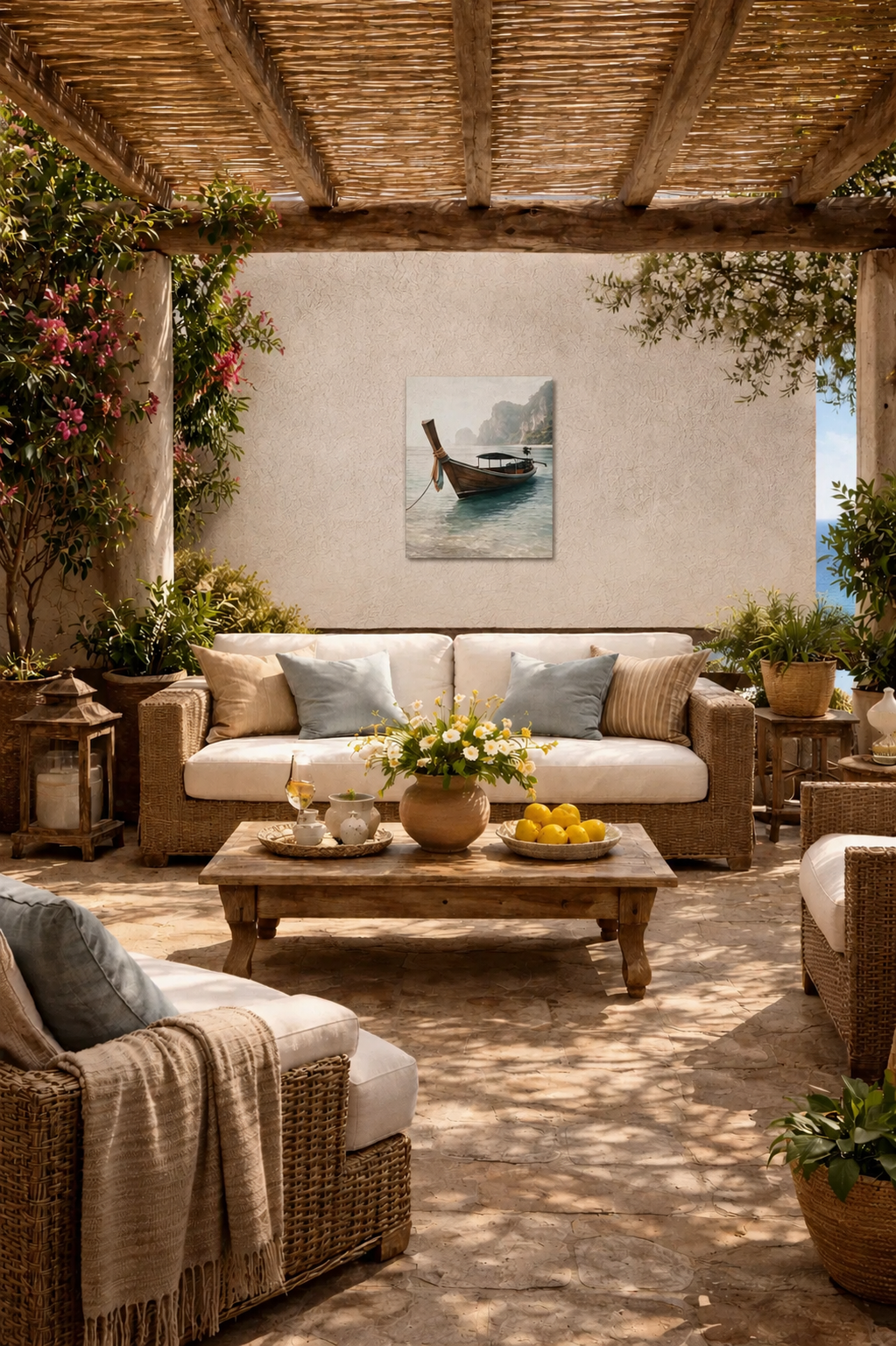 Outdoor Mediterranean patio mockup featuring tropical boat canvas wall art with wicker furniture and bright coastal styling.
