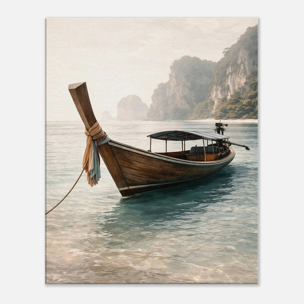 Tropical Seascape Calm long tail boat canvas wall art with a wooden boat on turquoise water and limestone cliffs in soft haze