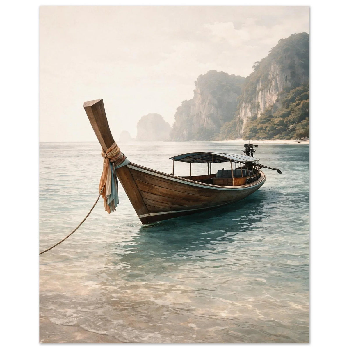 Seaside art poster of the long tail boat and distant limestone cliffs in the mist