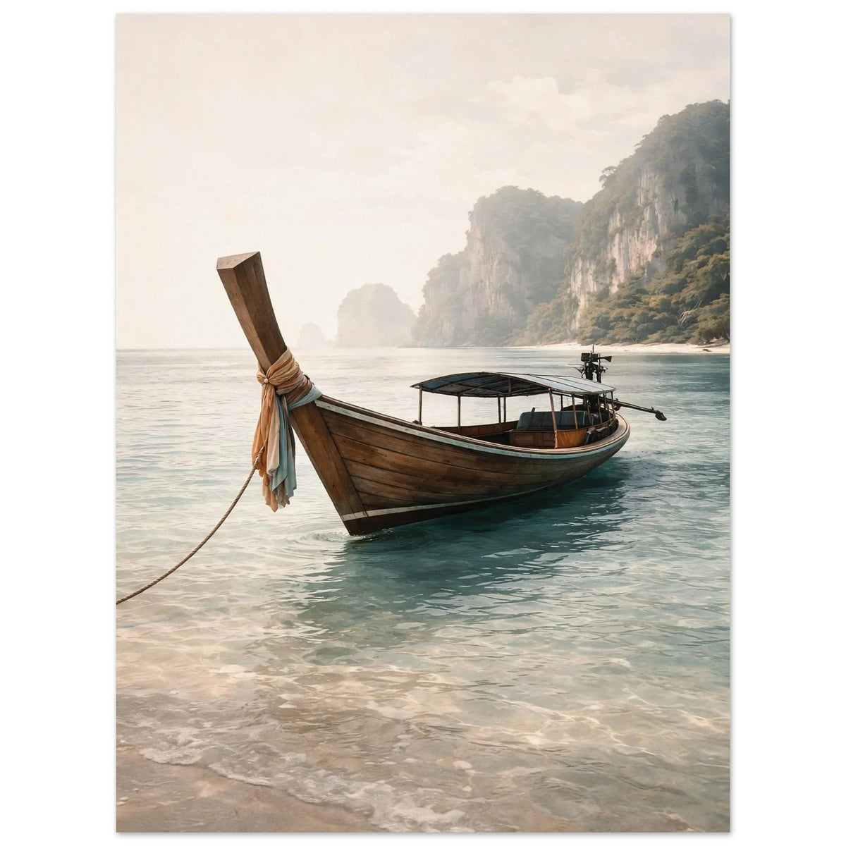 Neutral beach wall art poster showing the dark wooden hull against clear turquoise water