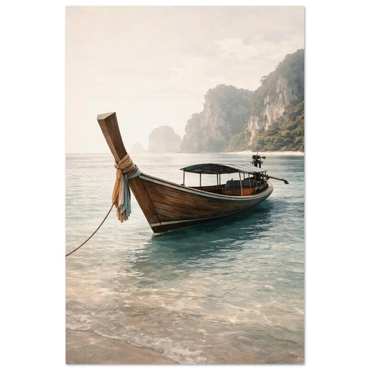 Tropical Seascape Calm turquoise water wall art poster with a wooden long tail boat and limestone cliffs in soft haze
