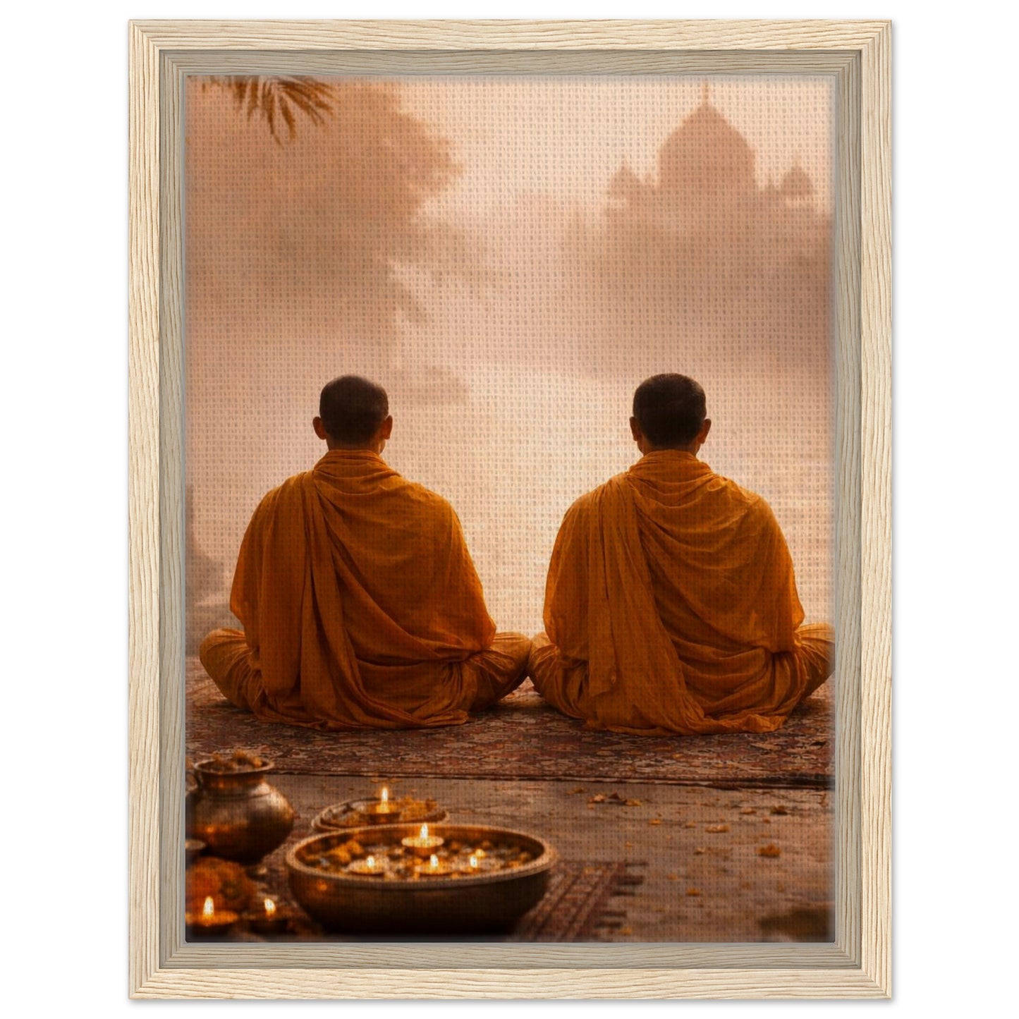 Two monks meditating framed canvas wall art