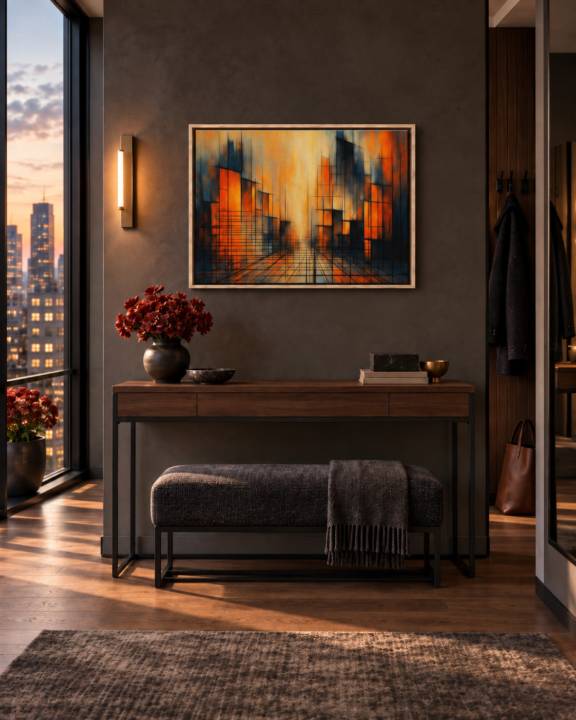 Urban Glow orange and black abstract framed canvas displayed in an elegant modern interior