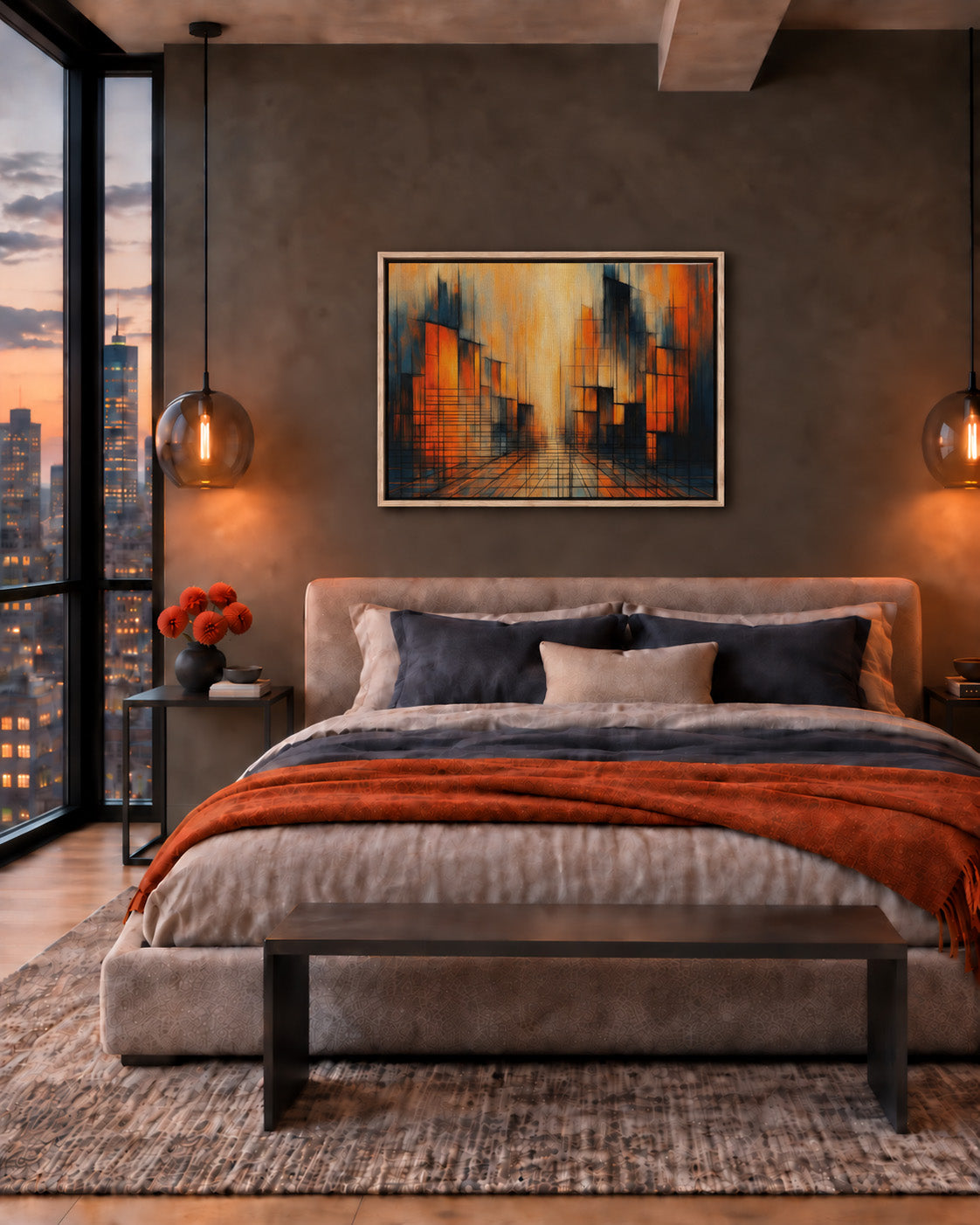 Urban Glow abstract sunset framed canvas displayed above a bed in a modern bedroom