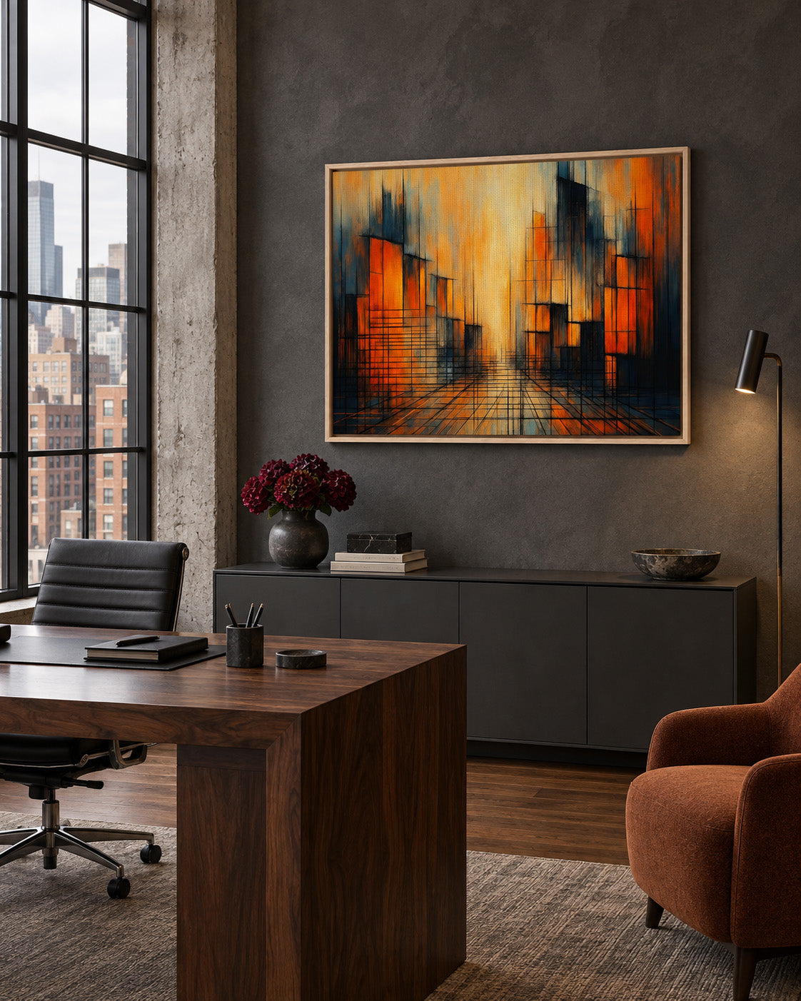 Urban Glow orange and black abstract framed canvas displayed above a desk in a modern home office