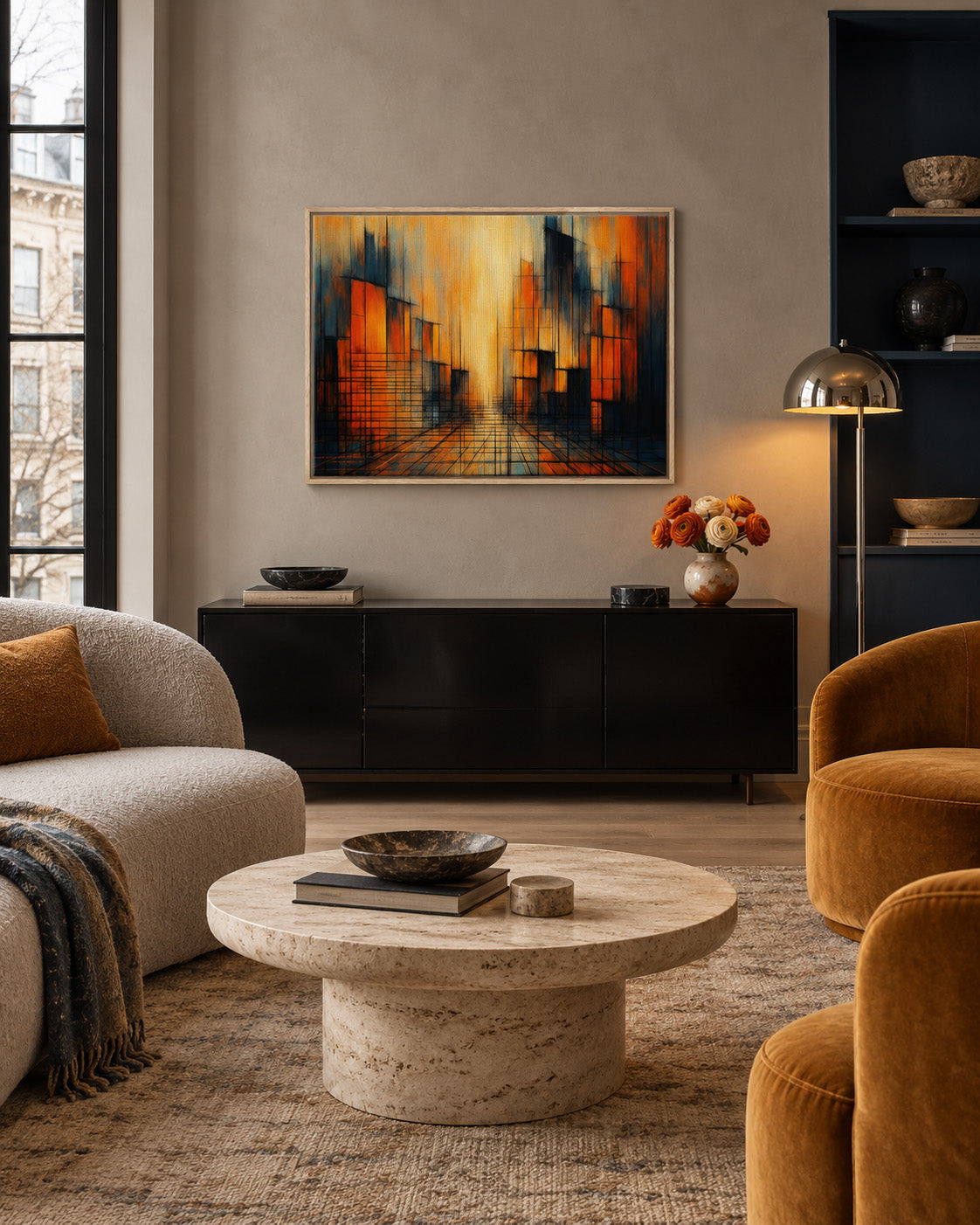 Urban Glow abstract sunset framed canvas displayed in a modern living room