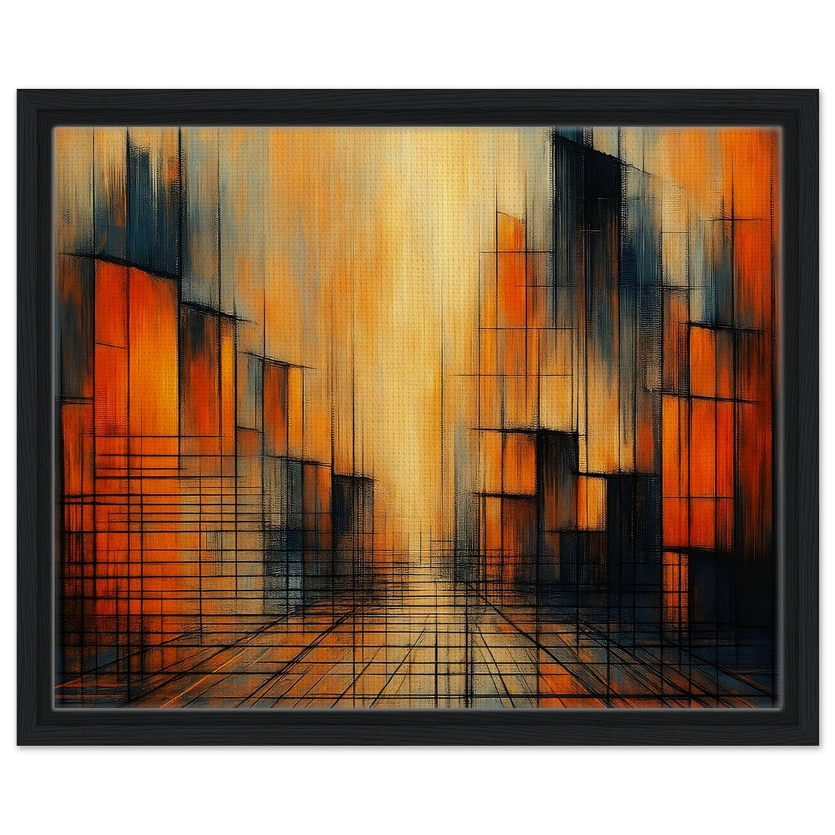 Urban Glow orange, gold and black abstract sunset framed canvas in a black frame