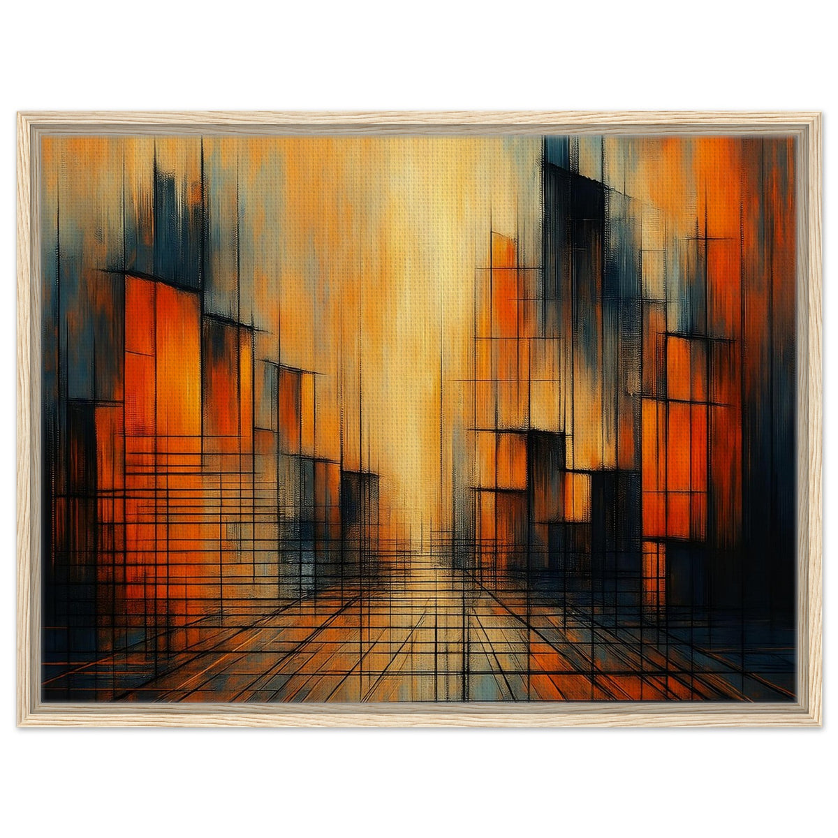 Urban Glow orange, gold and black abstract sunset framed canvas wall art in a natural wood frame