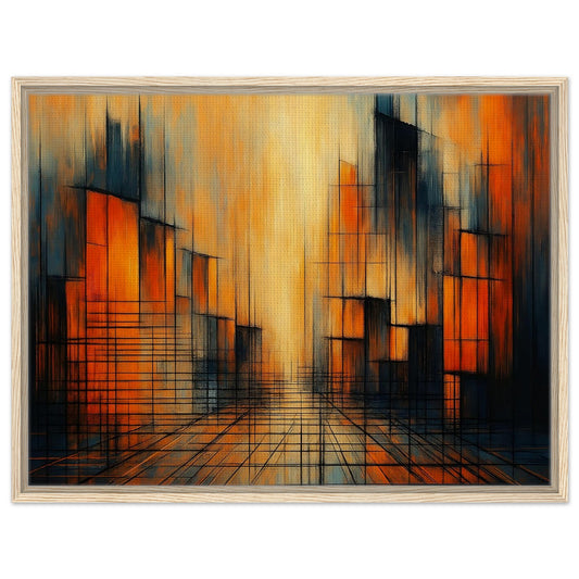 Urban Glow orange, gold and black abstract sunset framed canvas wall art in a natural wood frame