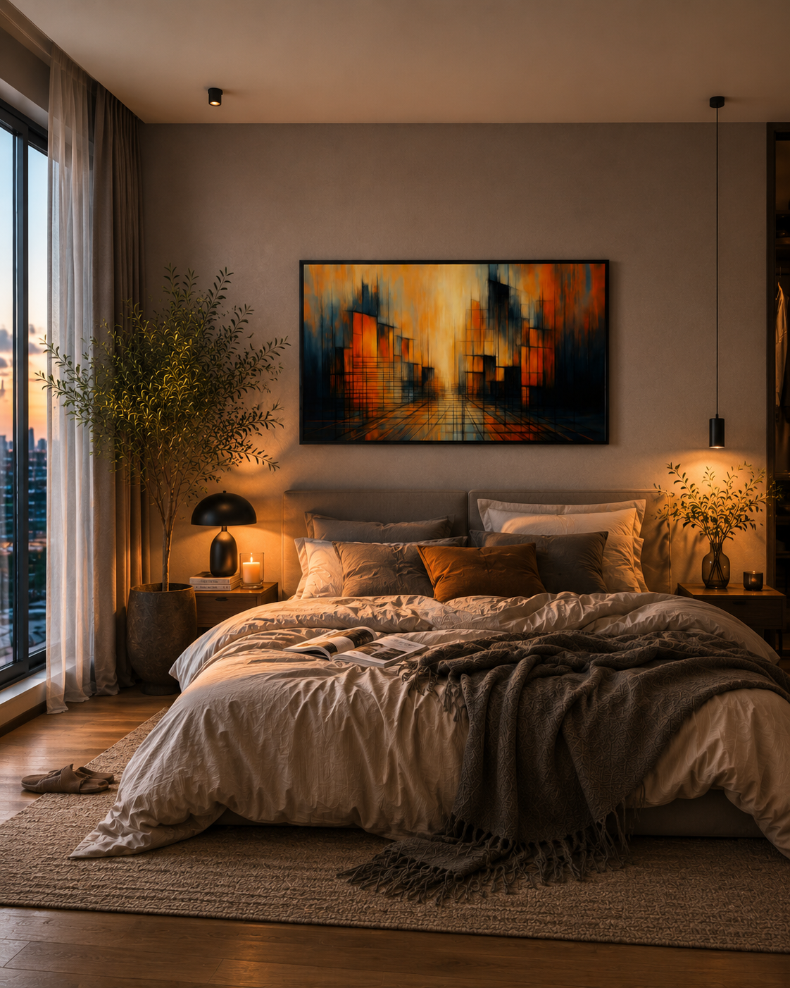 Abstract cityscape wall art with black frame above a cozy bed in a warm modern bedroom interior.