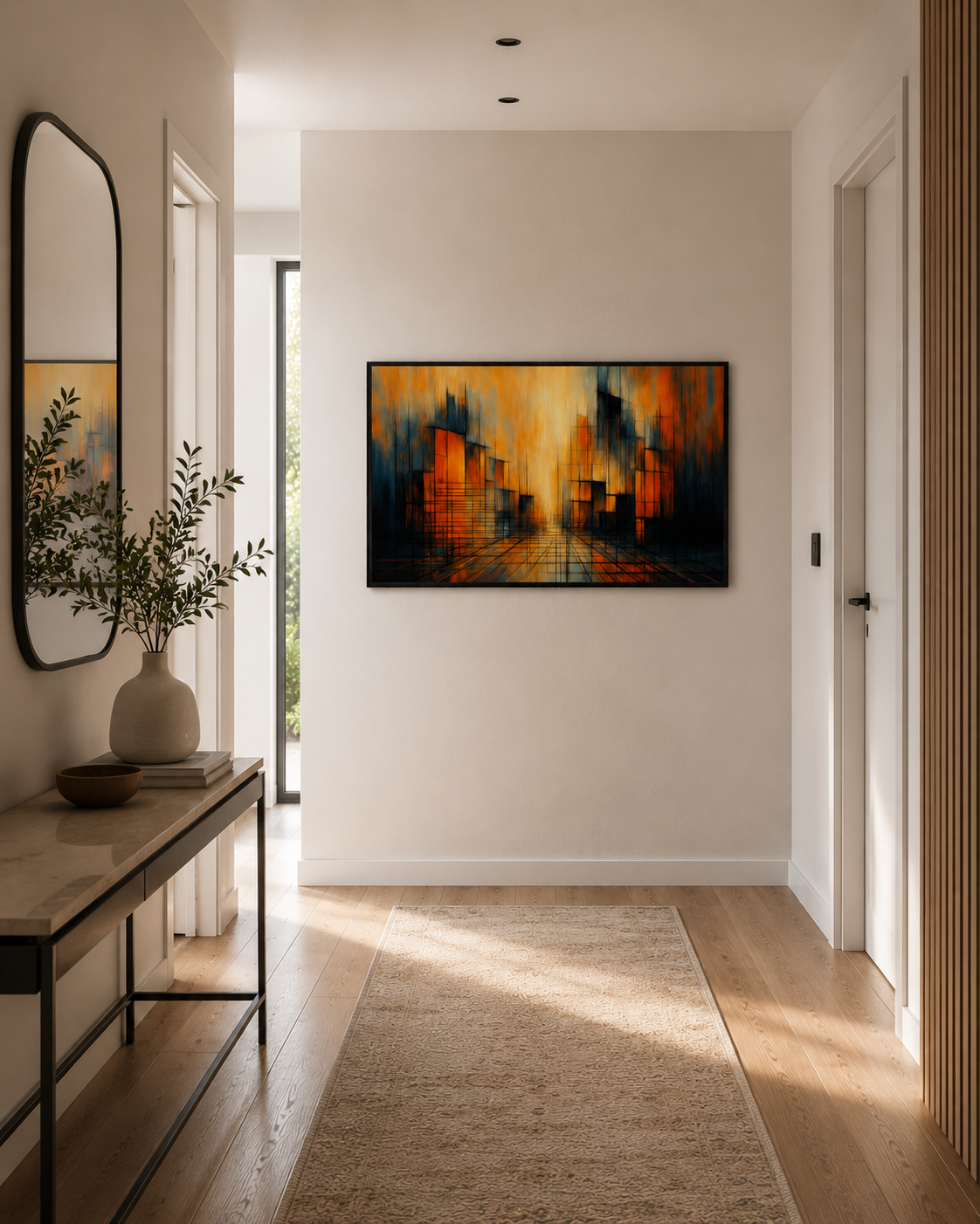 Abstract cityscape wall art with black frame displayed in a bright modern hallway with light wood flooring and minimalist decor.