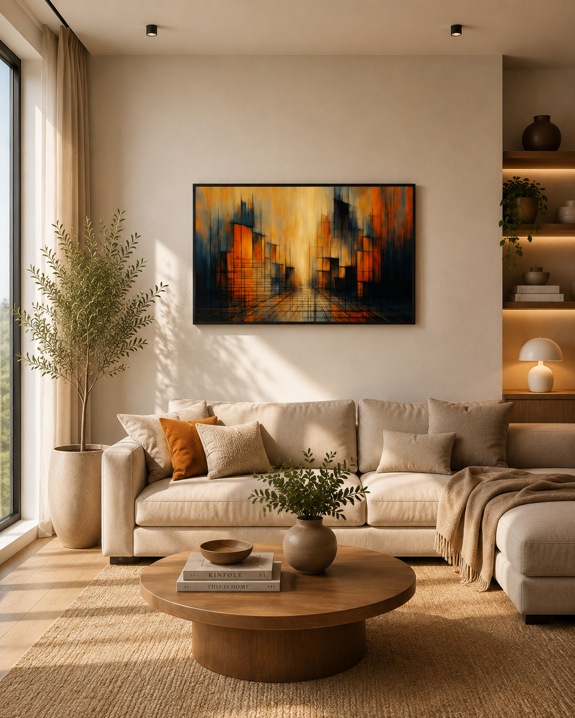 Abstract cityscape wall art with black frame displayed in a warm modern living room with beige sofa and wooden coffee table.