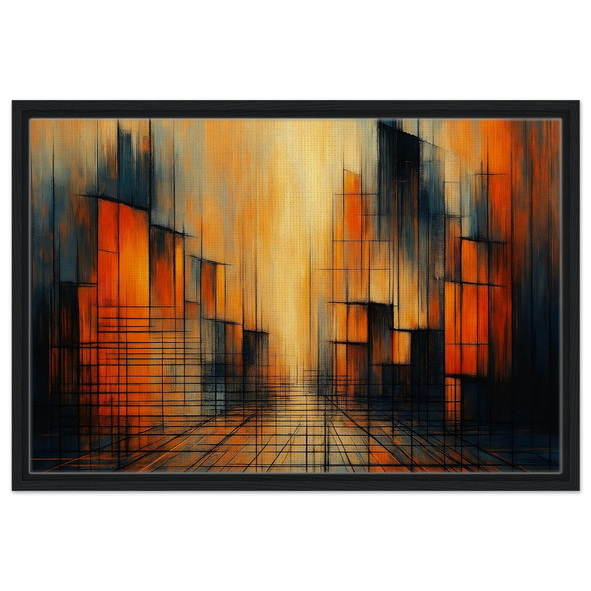 Urban Glow orange, gold and black abstract framed canvas in a slim black frame