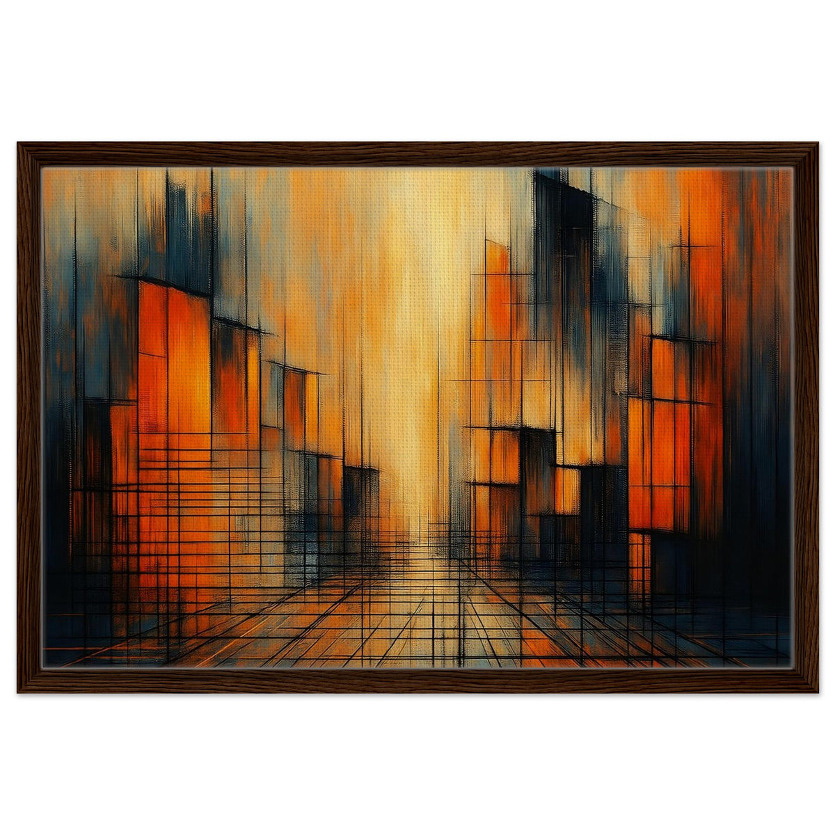 Urban Glow orange and black geometric abstract framed canvas in a dark wood frame
