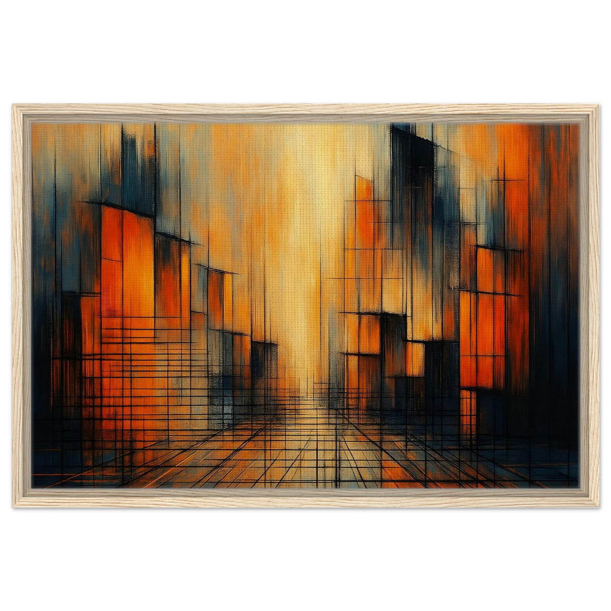Urban Glow warm orange and black abstract framed canvas in a natural wood frame