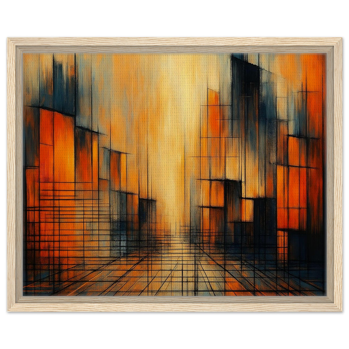 Urban Glow orange and black geometric abstract framed canvas in a natural wood frame