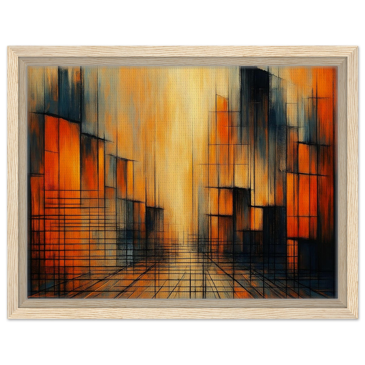 Urban Glow orange and black abstract framed canvas in a light natural wood frame
