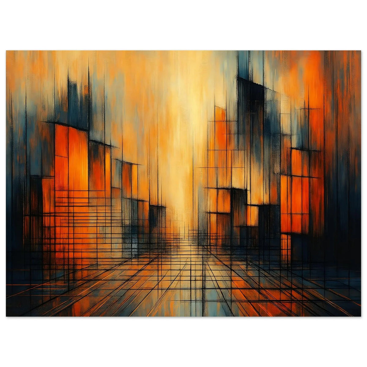 Close view of the Urban Glow poster showing the burnt orange blocks layered over deep navy vertical strokes.