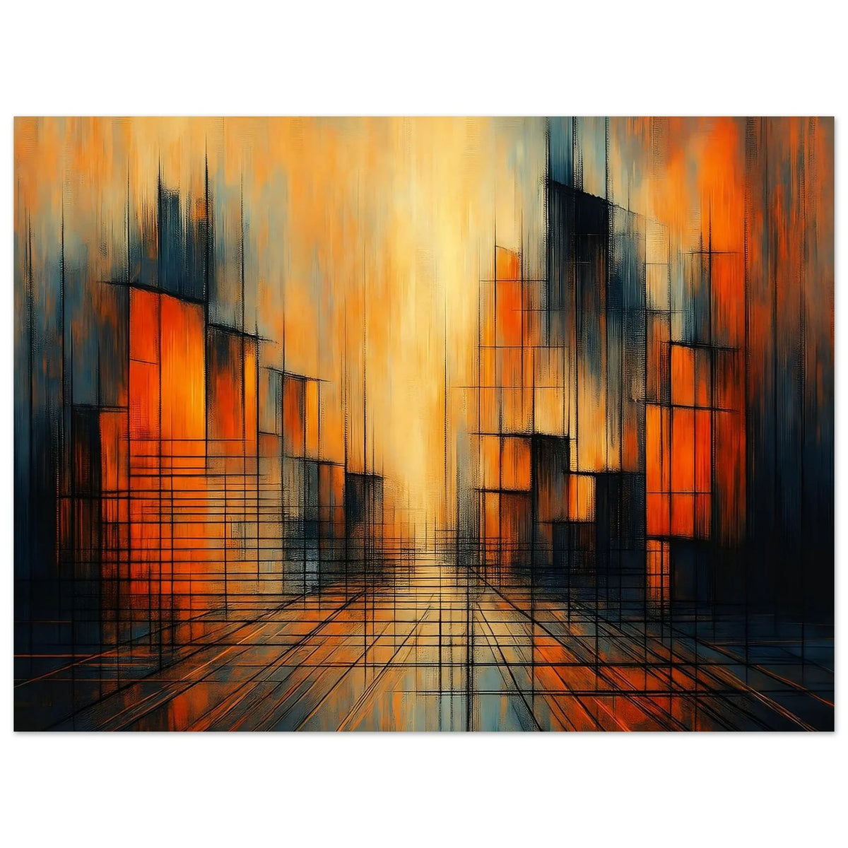 Detail of the Urban Glow print with thin dark lines converging toward the bright center in perspective.
