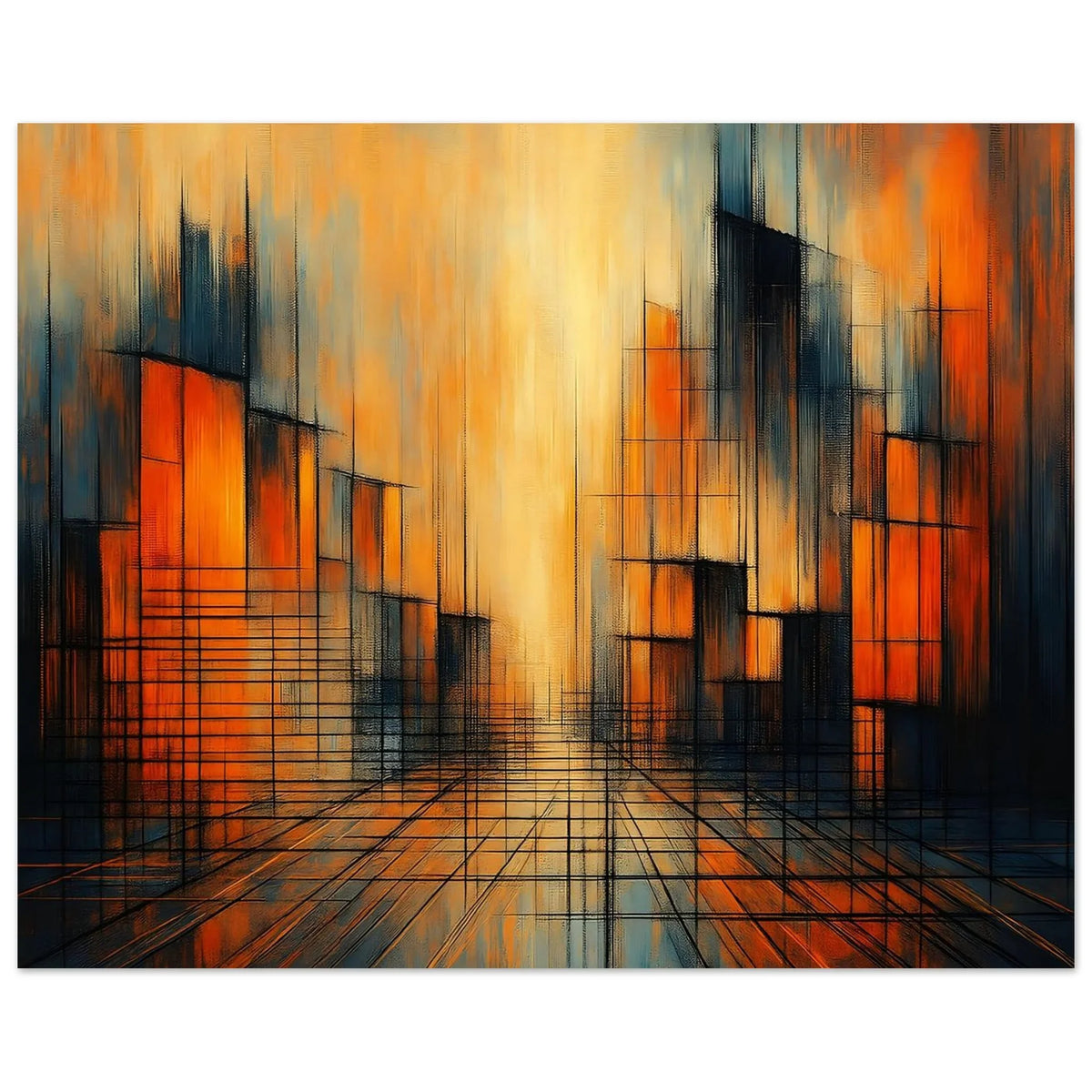 Matte paper detail of the Urban Glow poster showing the layered amber, rust and charcoal tones without glare.