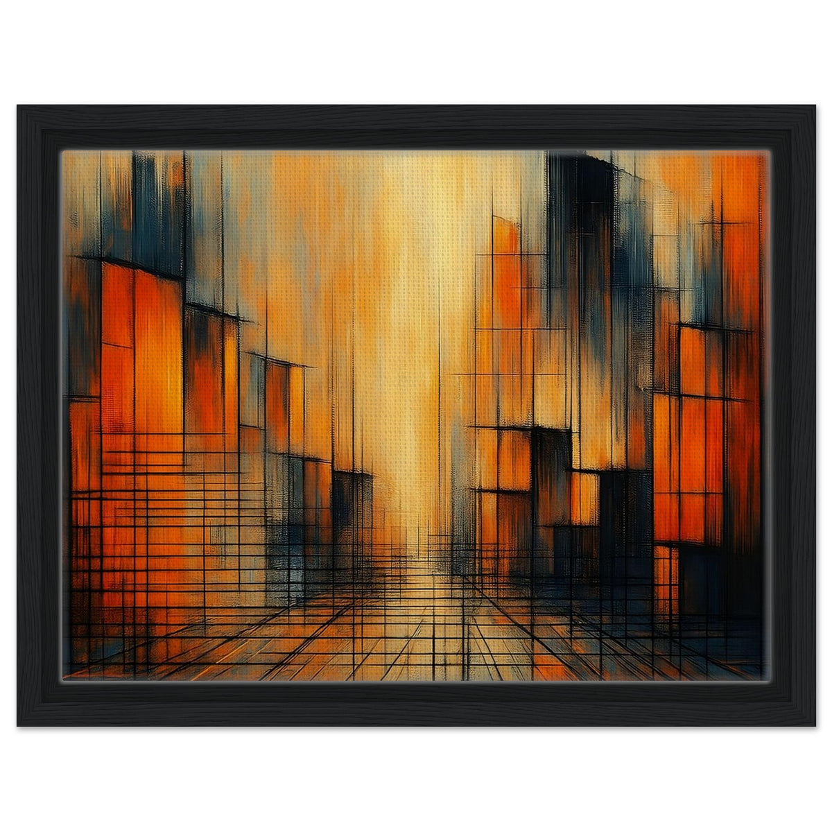 Urban Glow orange, gold and black abstract sunset framed canvas in a black frame