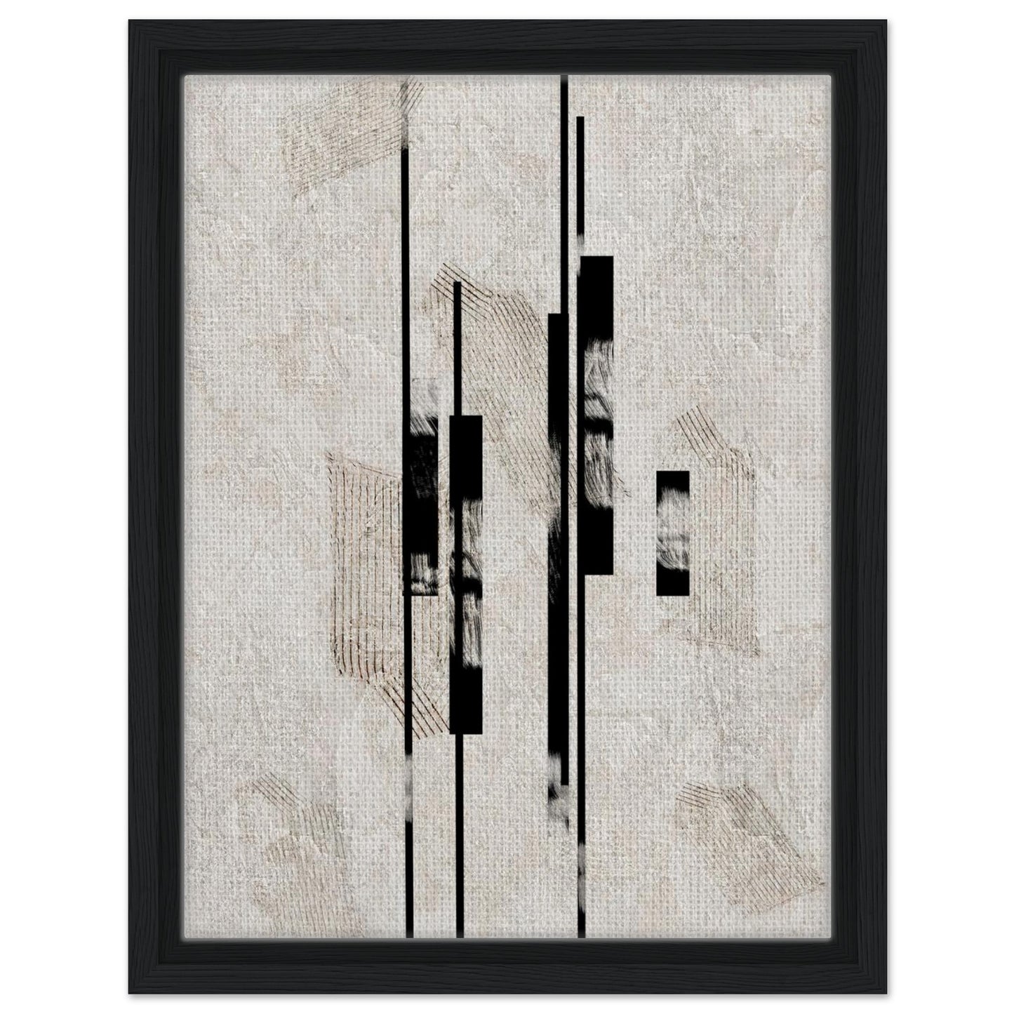 Vertical abstract print with black geometric accents in a light wood frame