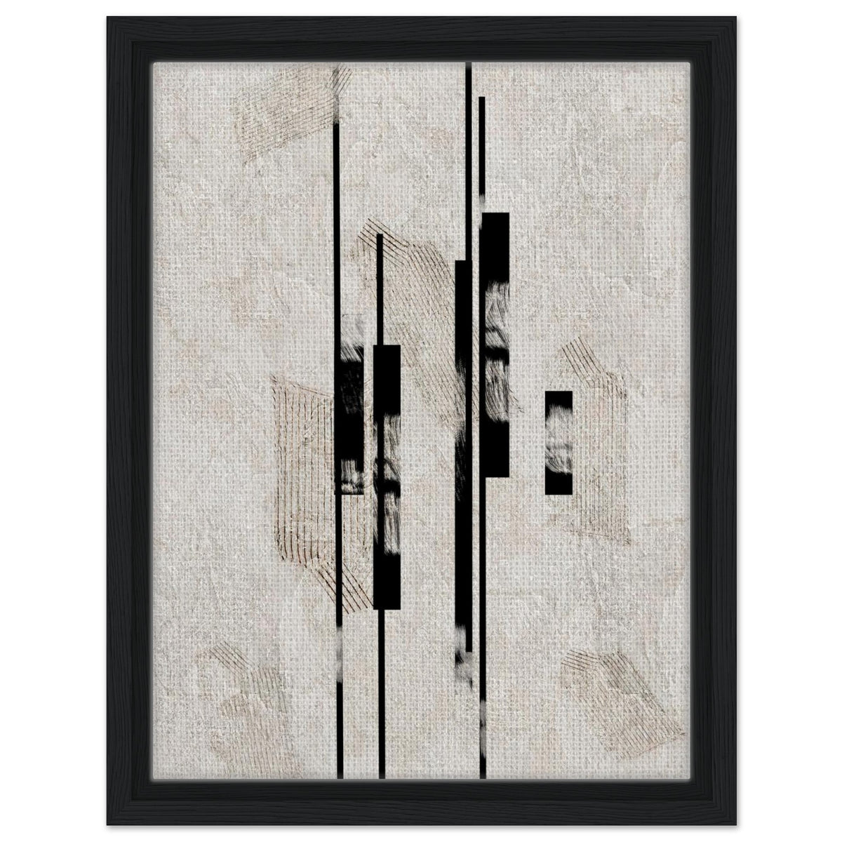 Vertical abstract print with black geometric accents in a light wood frame