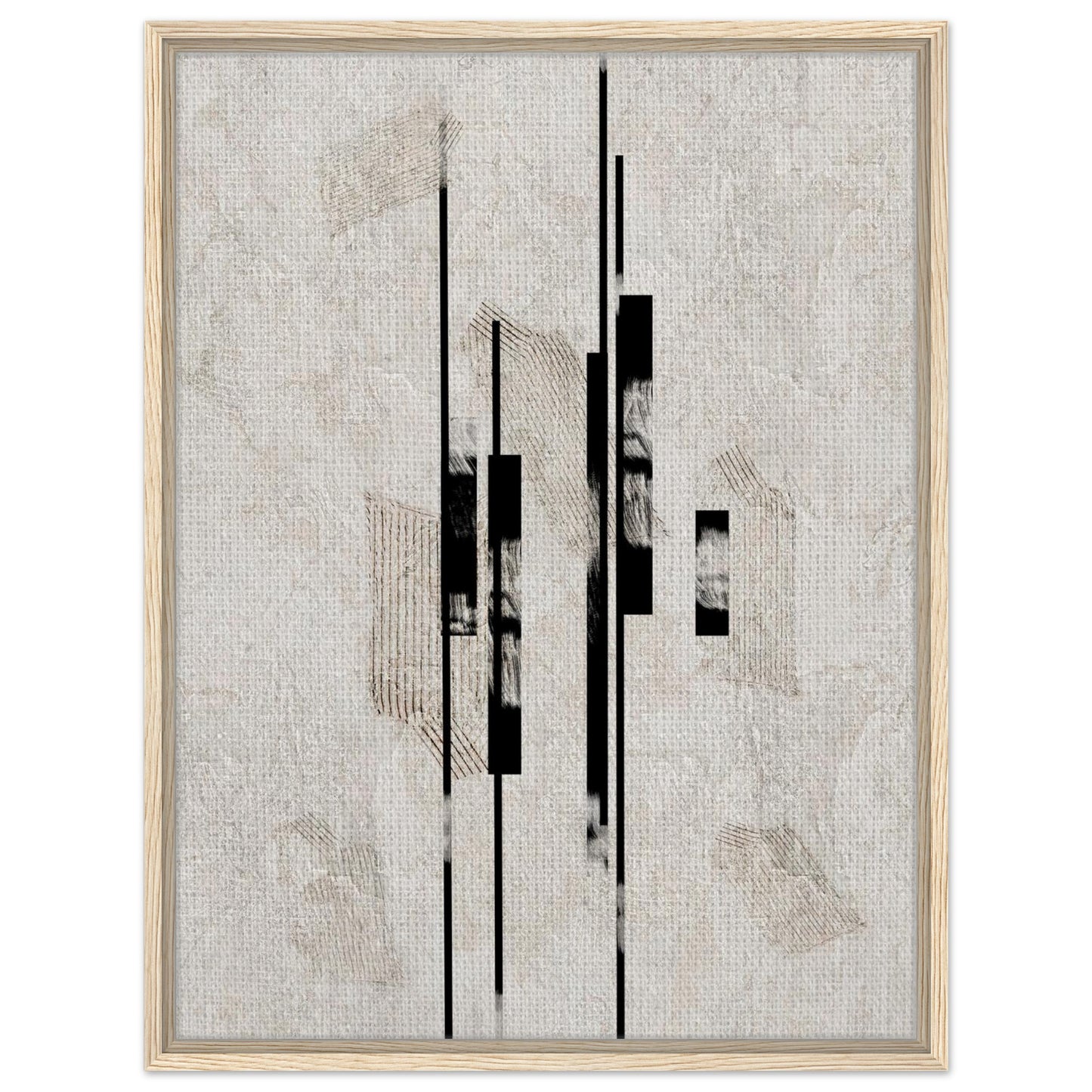 Vertical geometric abstract wall art with black forms on a textured neutral background