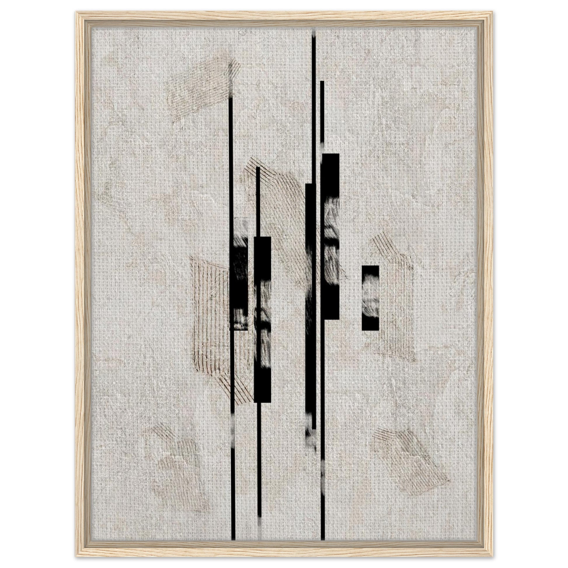 Vertical geometric abstract wall art with black forms on a textured neutral background