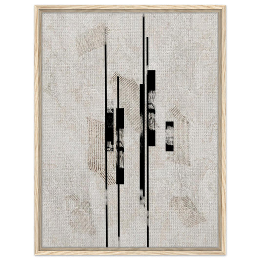 Vertical geometric abstract wall art with black forms on a textured neutral background