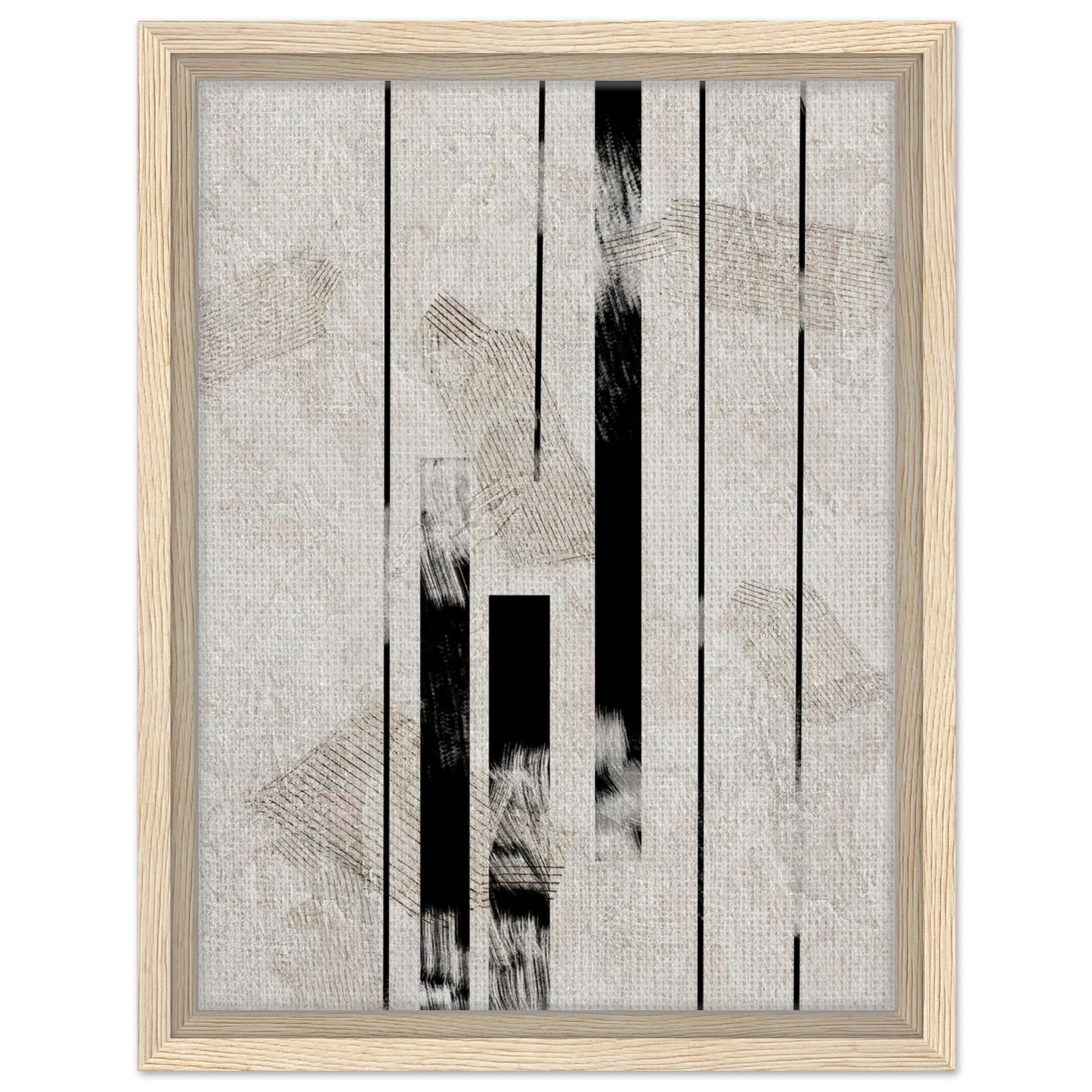 Vertical line abstract artwork in black and warm neutrals with natural wood frame