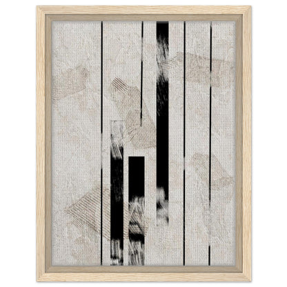 Vertical line abstract artwork in black and warm neutrals with natural wood frame