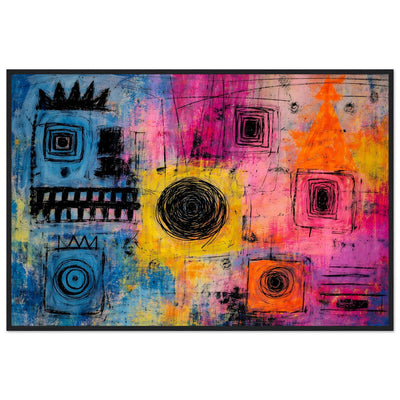 Vibrant Chaos modern abstract framed wall art in a black frame, a black spiral sun on fields of blue, magenta, orange and yellow.