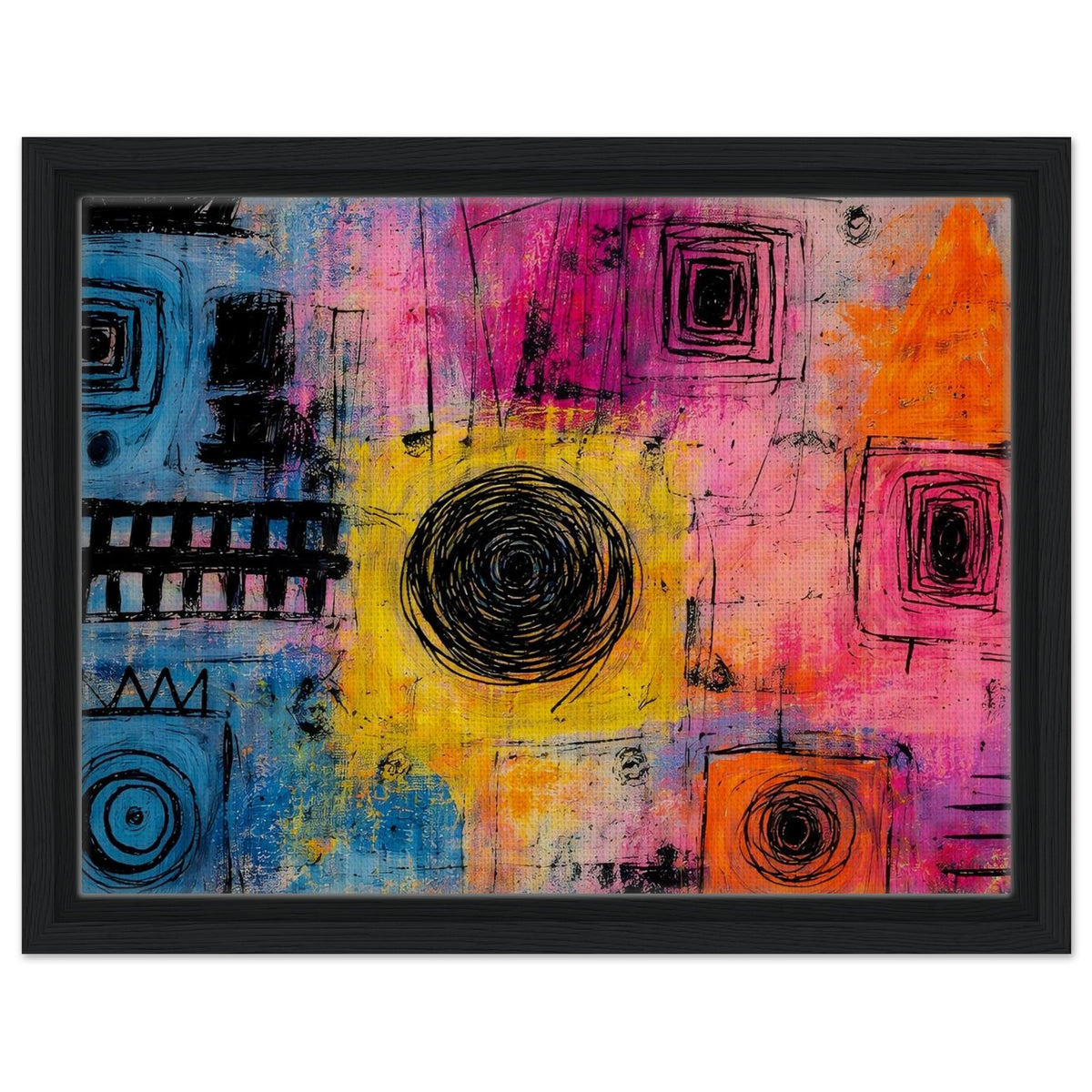 Vibrant Chaos colorful abstract canvas wall art in a black frame