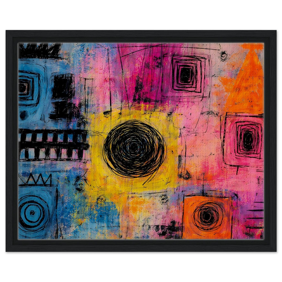 Vibrant Chaos colorful abstract framed canvas wall art in a black frame